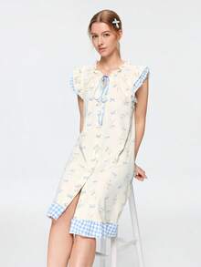 Bonmuse Piyama Kelinci Kartun Lucu Motif Acak untuk Wanita, Model Baru Ramah Kulit, Tanpa Lengan, Ikat Depan, Gaun Tidur Santai - Putih - View 8
