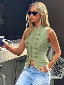 Aloruh Women's Sleeveless Stand Collar Napoleon Blazer - Green - View 7