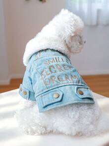 PETSIN 1件刺繡字母寵物藍色毛絨加厚外套，適用於低溫寒冷天氣的貓狗衣服 - 藍色 - 查看 7