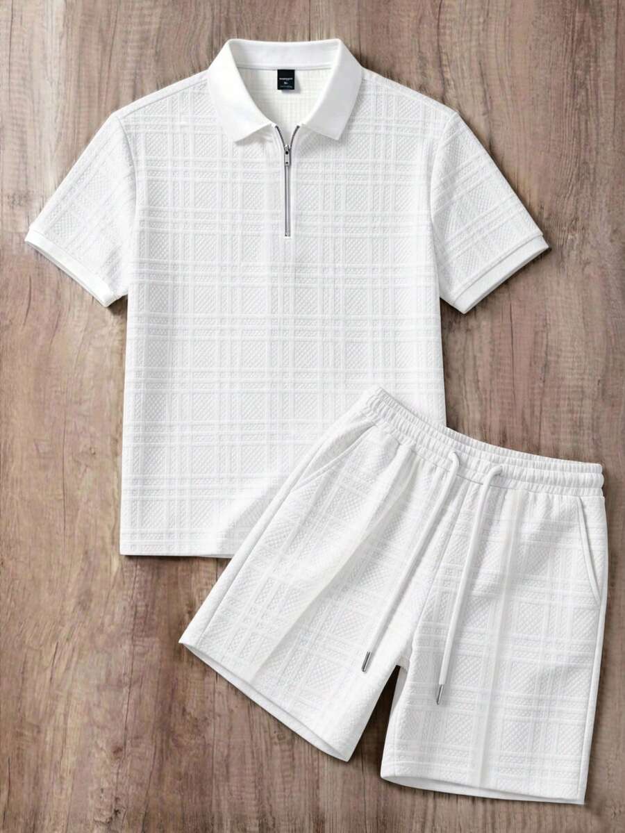 Manfinity Joysei 男士针织提花纯色纹理领口和袖口纯白色罗纹拉链 Polo 衫套装 - 白色 - 查看 1