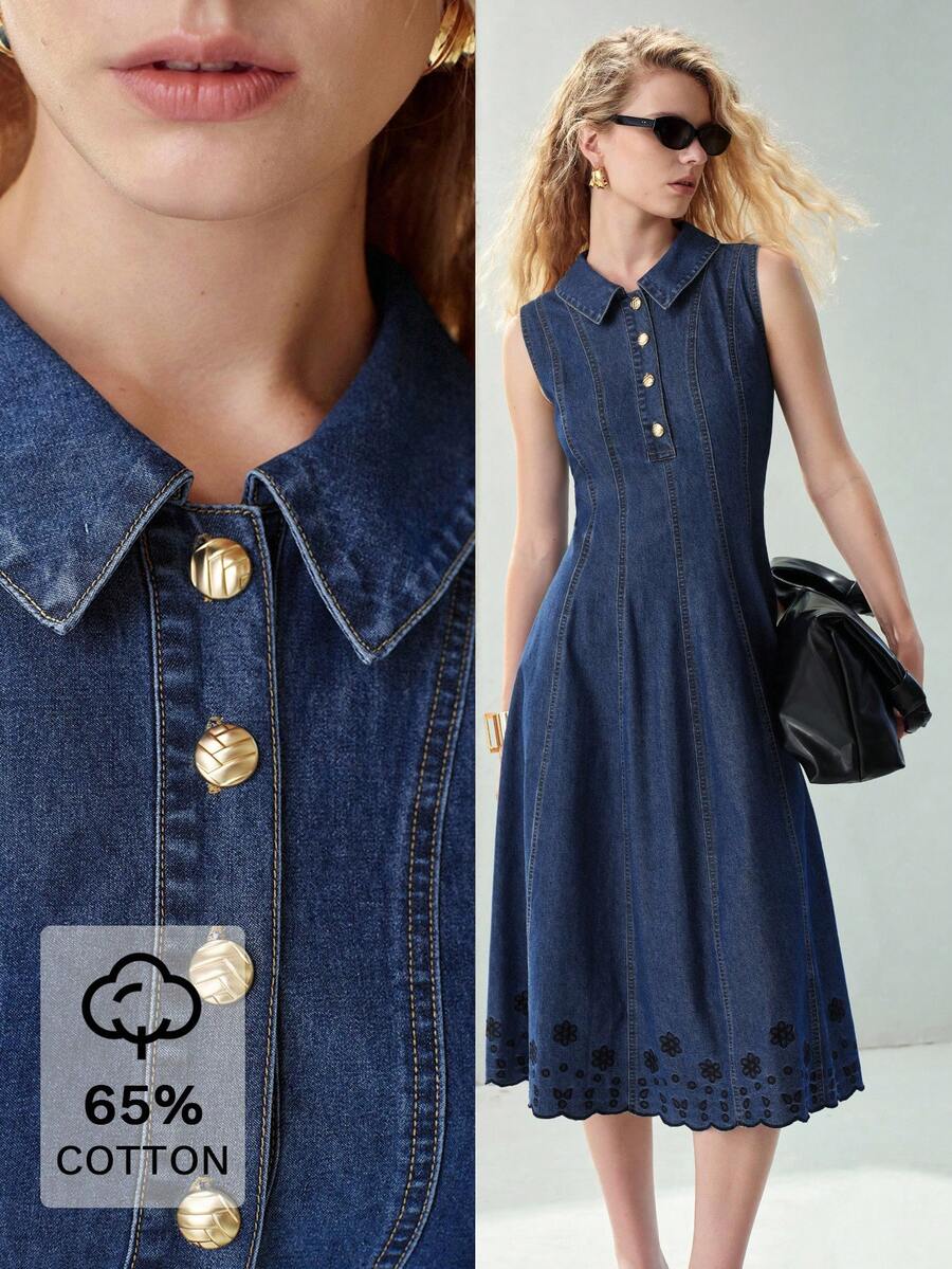 MOTF PREMIUM GAUN WANITA DENIM DENGAN KANCING SETENGAH DAN PLAKET, TANPA LENGAN, DAN MEMPERCANTIK PINGGANG - Medium Wash - View 1