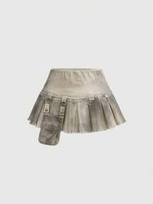 ROMWE Rok Denim Lipit Model A-Line Gaya Grunge Y2K Musim Panas - Khaki - View 11