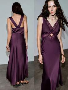 MOTF PREMIUM SPRING/SUMMER LACE PATCHWORK HOLLOW LONG SATIN DRESS, MODERN URBAN DATE - Purple - View 7
