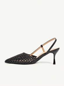 CUCCOO CHICEST Women's Black Woven Hollow Pointed Toe Stiletto Heel Slingback High Heel Pumps, Vintage Commute Office Date - Black - View 6
