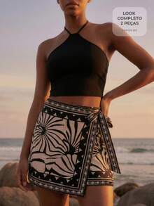 CAJUNI Women's Solid Color Halter Top And Floral Print Mini Skirt Casual Daily Outfit Set - Black - View 8