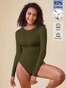 SHEIN BASICS 女款純色圓領休閒日常長袖連身衣 - 軍綠色 - 查看 6