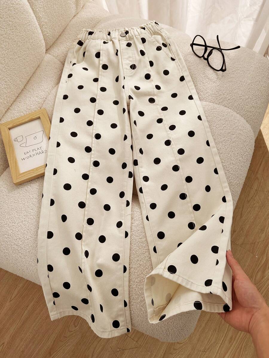 SHEIN Vintaside Kids 女童奶油白波點寬腿褲,寬鬆直筒褲腿,時尚百搭休閒 100% 純棉牛仔褲,修身顯瘦版型,適合日常上學、外出、度假,韓系波點女孩風,博主 Ins 風格 - 彩色 - 查看 1