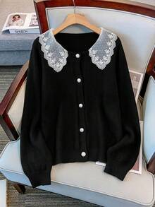 GlowEve CURVE Plus Size Casual Contrast Color Lace Collar Button Long Sleeve Cardigan Winter - Black - View 1