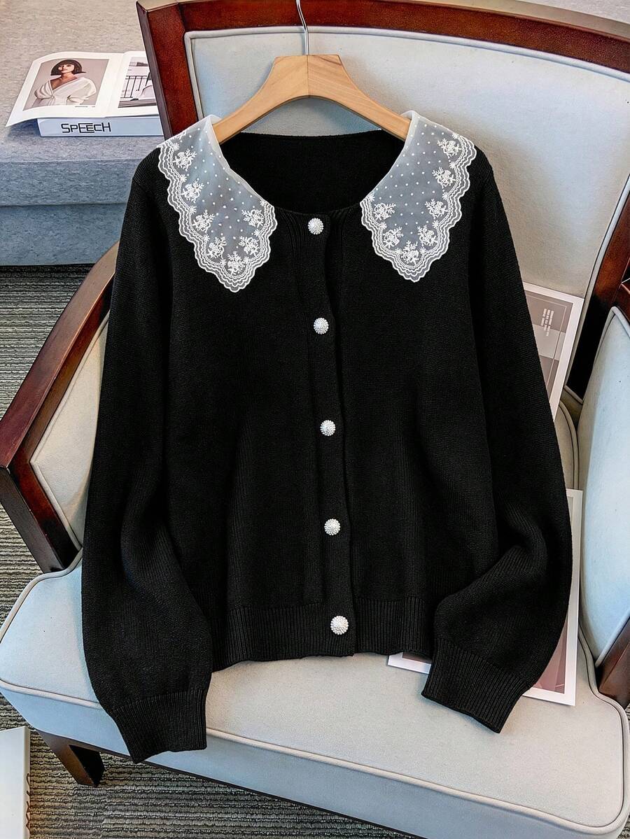 GlowEve CURVE Plus Size Casual Contrast Color Lace Collar Button Long Sleeve Cardigan Winter - Black - View 1