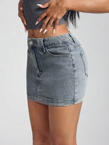 SHEIN ICON Women Denim Skirts Tombol Kantong Zip Plain - Medium Wash - View 3