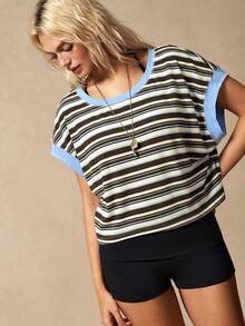 VARSIVA 對比條紋露背鏤空運動T恤 - 藍色 - 查看 6
