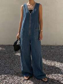 Dazy Tall Women's V-Neck Loose Urban Casual Jumpsuit - Medium Wash - View 17