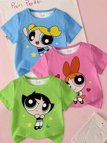 THE POWERPUFF GIRLS X SHEIN 少女卡通印花短袖休閒T恤 - 彩色 - 查看 1