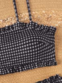 SHEIN Swim 女款度假海灘格紋泳衣套裝 黑白配色 夏季可愛蕾絲設計 - 黑與白 - 查看 3