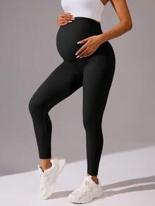 SHEIN 孕婦純色休閒日常穿著運動緊身褲 - 黑色 - 查看 4