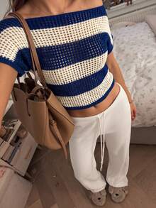 Autumina Women's Vacation Striped Cut-Out Asymmetrical Shoulder Gradient Short Sleeve Cute Tropical Coastal Delicate Knit Top Beach Summer - Blue and White - View 8