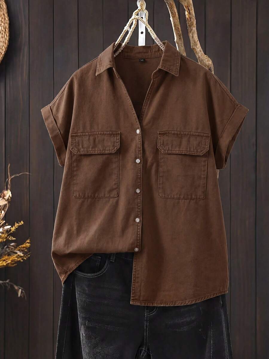 EMERY ROSE EMERY ROSE Women's Casual Short Sleeve Denim Top, Summer - Brown - View 1