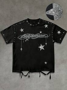ROMWE MEN Street Life 夏季新款重磅水鑽做舊 T-shirt，男女款情侶風，時尚休閒極簡街頭風黑色圓領短袖上衣 - 黑色 - 查看 5