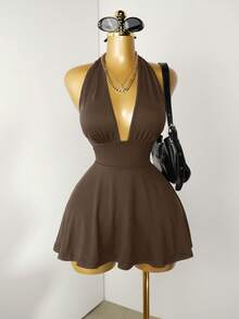 Mistrie Black Tight-Fitting Romper With Deep V-Neck, Backless Strap - Brown - View 8