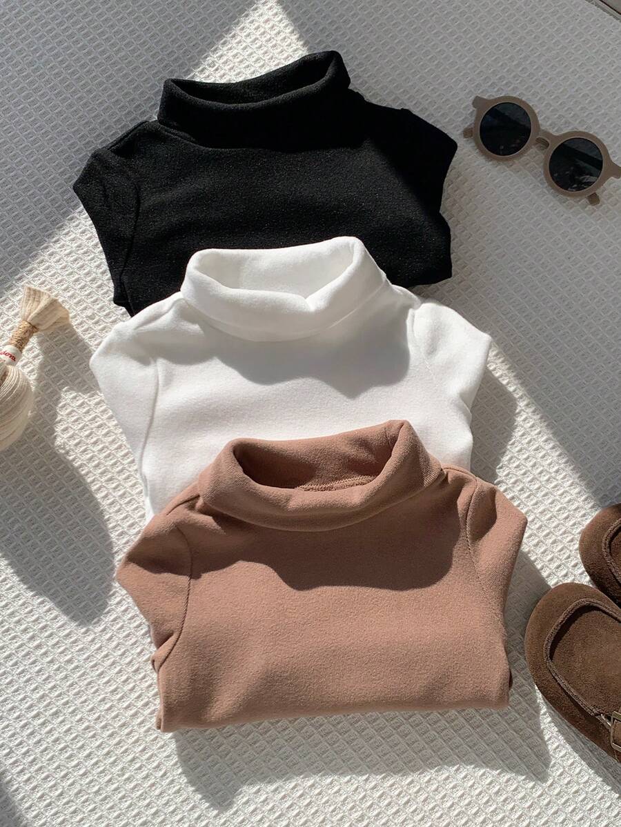 SHEIN 3pcs Newborn Baby Boy Fall And Winter Clothes Outfits Thermal Lined Thick Solid Color Comfortable High Neck Long Sleeve Pullover Top Multi-Piece Set