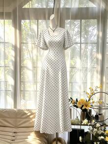 Celisse Polka Dot Red Tie-Waist Midi Dress - Black and White - View 6