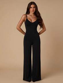 SHEIN BAE Spring/Summer Solid Black Minimalist Elegant Backless Spaghetti Strap Women's Jumpsuit, Black Backless Jumpsuit - Black - View 2