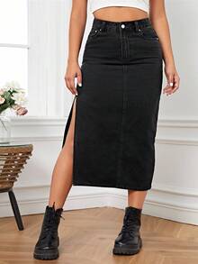 Flexra Plus Size Side Slit Denim Skirt Formal Date Night Black Autumn Casual 1960s - Black - View 5