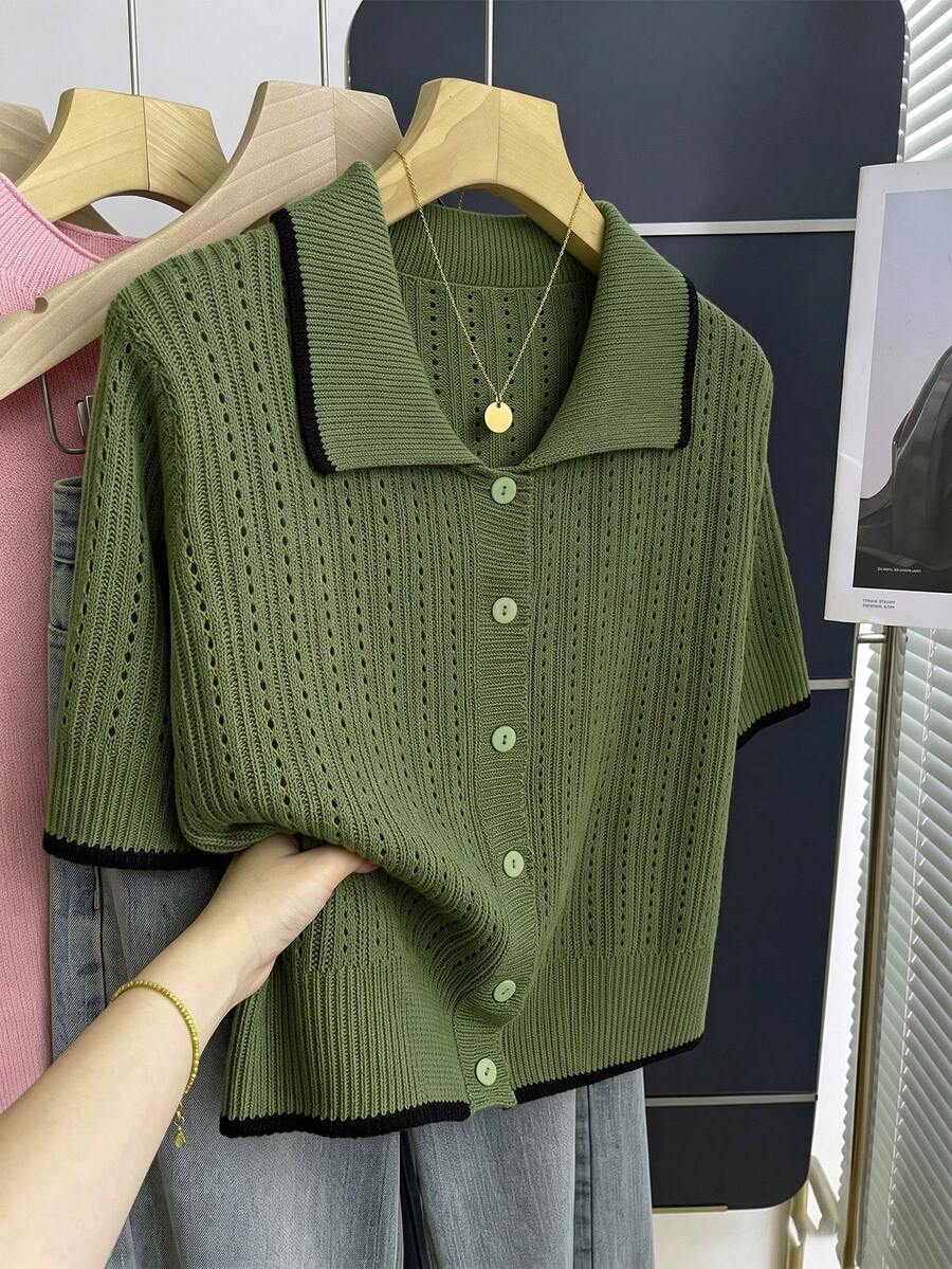 Franclia 休閒寬鬆POLO領短袖針織鏤空對比飾邊設計杏色女款春夏季開襟外套 - 軍綠色 - 查看 1