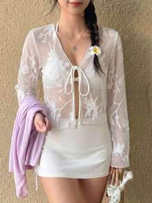 Livesso Women's Lace-Up Front Casual Tropical Sexy Vacation Cover-Up Top Summer Party White - White - View 2