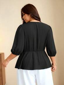 Edennvi Plus Size Women's Black And White V-Neck Pearl Ruched Doll Blouse, 3/4 Petal Sleeve Tie Loose Fit Flattering Belly-Covering Top, Soft Slimming Blouse - Black - View 2