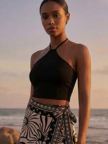 CAJUNI Women's Solid Color Halter Top And Floral Print Mini Skirt Casual Daily Outfit Set - Black - View 5