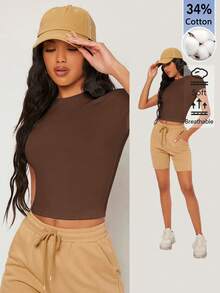 SHEIN BASICS 女款純色休閒圓領短袖短版T恤上衣 白色上衣 - 咖啡棕 - 查看 3
