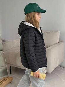 Hapijoa Tween Girl Solid Color Single-Breasted Casual Winter Padded Coat - Black - View 7