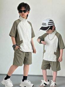 SHEIN Little Byeori 男童舒适日常宽松韩版时尚条纹衬衫配撞色短裤套装（2件套），适合春夏季节日常穿着、运动、郊游、上学、聚会、节日、拍照、返校季等场合。 - 軍綠色 - 查看 3