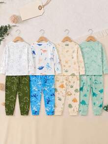 SHEIN 2件組 男童秋冬長袖長褲修身卡通可愛恐龍印花家居服套裝，適合日常舒適居家穿著 - 彩色 - 查看 2