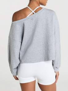 11SKNDS Oversized Off-Shoulder Cropped Sweatshirt With Drop Sleeves, Wide Neckline, Casual Everyday Cozy Pullover Top For Fall Winter - Grey - View 3