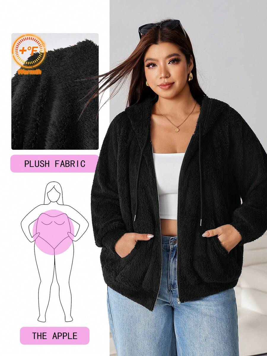 Solflare Plus Size Women Solid Color Long Sleeve Zipper Front Drawstring Hooded Sweatshirt - Black - View 1