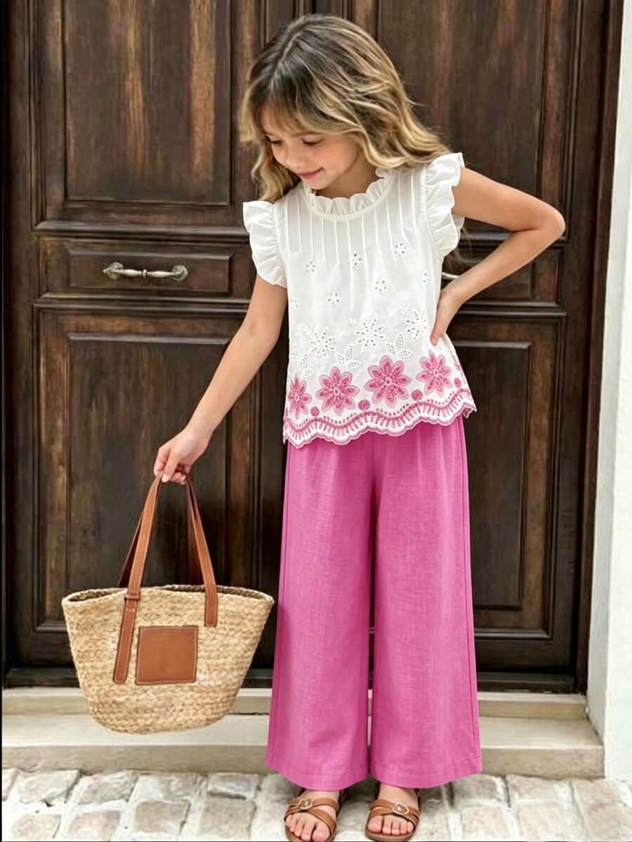 SHEIN Elladie kids 2件組女童夏季新款圓領露背水滴藍蝴蝶結假刺繡印花布料飛袖荷葉邊前綴蝴蝶結裝飾上衣休閒直筒短褲簡約復古時尚套裝 - 粉色 - 查看 1