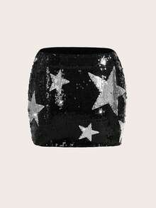 SHEIN ICON Women's Star Pattern Sequin Bodycon Skirt,Black And Silver 70s Mini Skirts For Night Out,Party,Winter,Music Festival Rave Ladies Zipper Drop Waist - Black - View 8