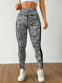 SHEIN Sports Leggings deportivos de mujer con estampado de leopardo & cebra y malla de contraste - Blanco y Negro - Ver 4