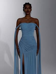Elitara Elegant Formal Romantic Queen Elastic Knit Mesh Ruched Sexy Cold Shoulder Twisted Design Slit Mermaid Skirt Flared Sleeves Wedding Prom Graduation - Teal Blue - View 1