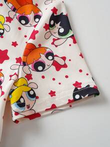 THE POWERPUFF GIRLS X SHEIN 女童全印花圓領短袖上衣與短褲休閒居家睡衣套裝 - 杏色 - 查看 5