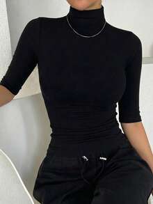 DAZY Women's Turtleneck Slim Fit Short Sleeve T-Shirt - Black - View 1