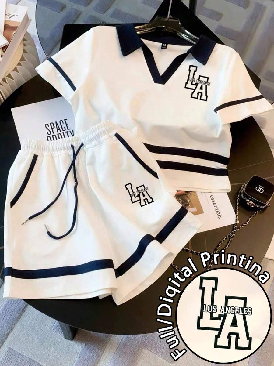 Franclia Plus Size Regular Short Turndown Collar Raglan Short Sleeve Top + Slant Pocket Shorts Teacher Birthday White Summer Streetwear Traditional - White - View 1