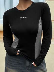 Dazy Plus Letter Print Colorblock Slim Fit Long Sleeve Casual Street Style Spring Autumn T-Shirt - Black - View 9