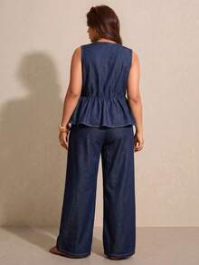 Elaquor 大码牛仔两件套夏季嘉年华服装通勤度假毕业时尚Y2K可爱街头风性感派对婚礼优雅商务休闲女士商务海滩毕业深色水洗牛仔两件套V领荷叶边上衣和宽松阔腿裤 - 藍色 - 查看 2