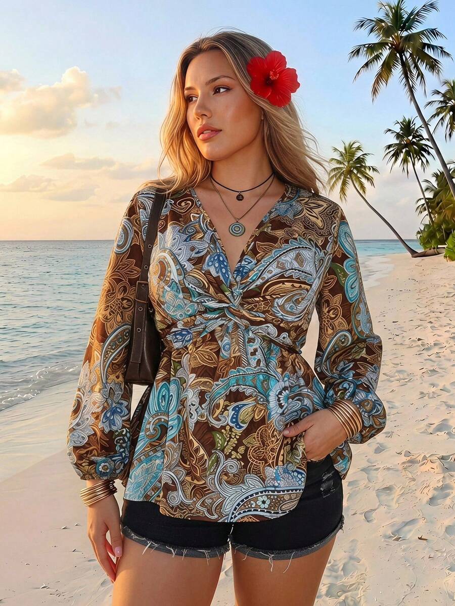 SHEIN ICON 大尺碼女款V領全身印花打結扭轉抓皺休閒百搭日常上衣 - 彩色 - 查看 1