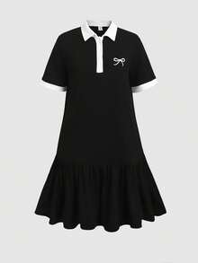 SHEIN Tween女孩休閒日常百搭舒適翻領拼接撞色 Polo 洋裝 - 黑色 - 查看 2