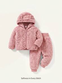 Cozy Pixies 女嬰連帽抓絨外套與護肚長褲 2 件套，中厚款 - 粉色 - 查看 9
