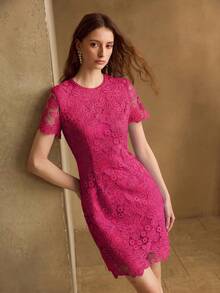 MOTF PREMIUM ELEGANT LACE MID-LENGTH DRESS FOR WOMEN - Hot Pink - View 6